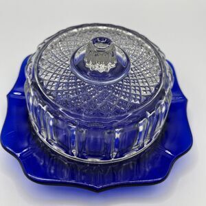 Vintage Imperial Glass Cobalt Blue Petite Butter/Cheese Dish With Clear Dome Lid